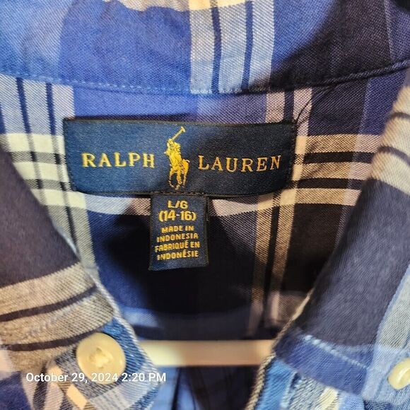 Ralph Lauren Indigo Madras Plaid Button Up Down Shirt Long Sleeve  Size L 14-16 - Picture 2 of 11